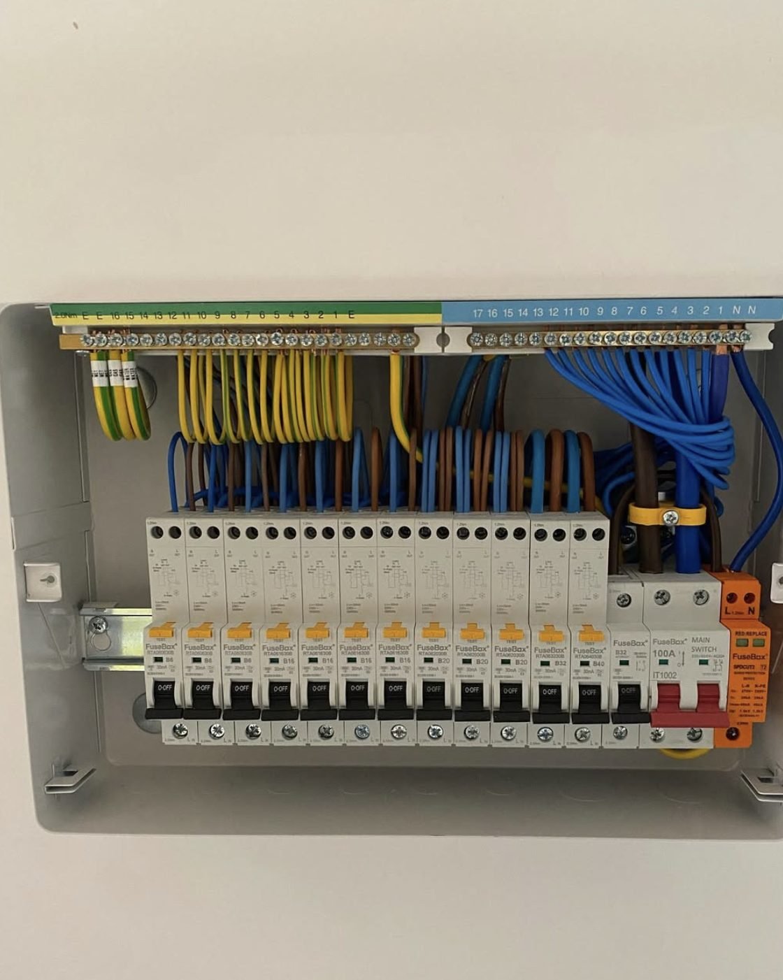 Neatly wired FuseBox consumer unit with RCBO protection and labelled busbars